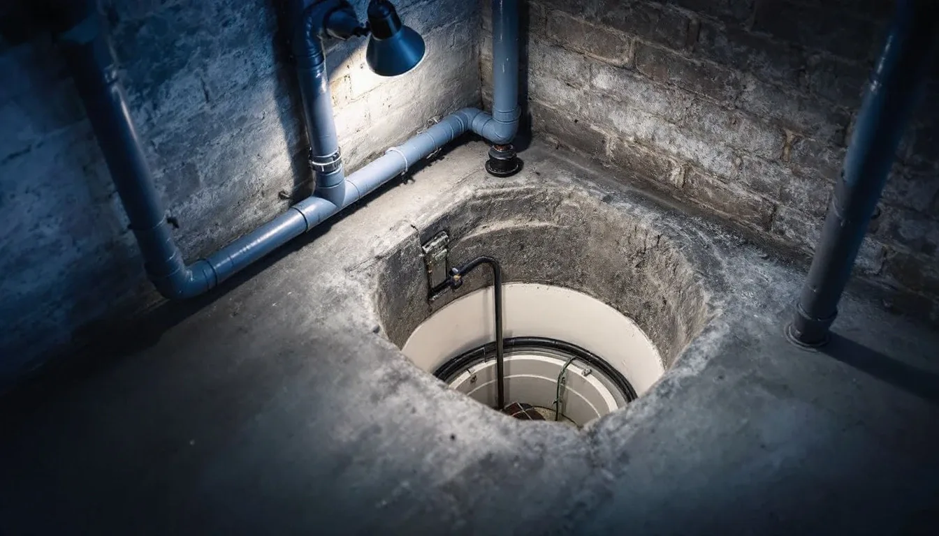Sump pit with pump and pipework set into the concrete floor of a UK cellar during waterproofing work