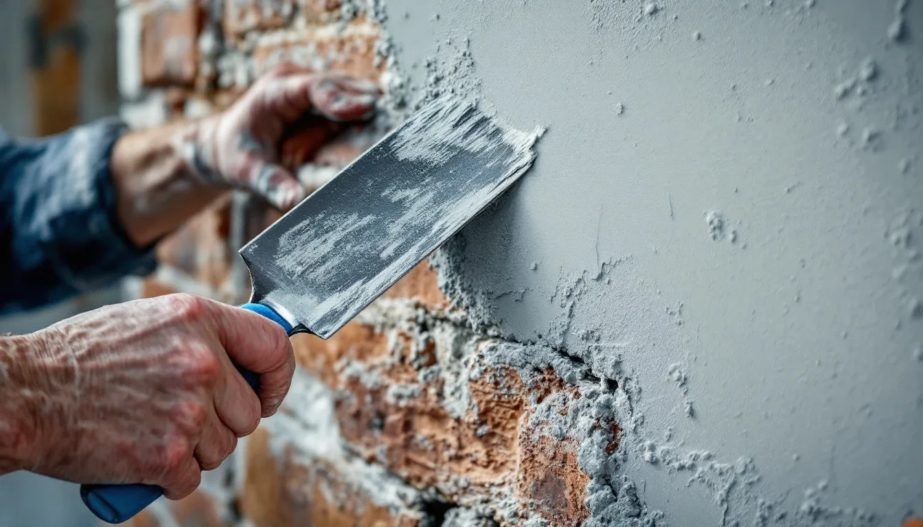 Plasterer's trowel applying pale grey renovating plaster over exposed brickwork on an internal wall
