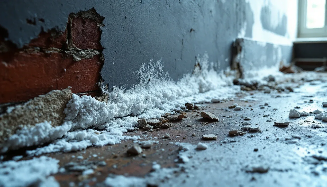 Victorian brick wall with rising damp damage showing horizontal tide mark and white salt efflorescence staining