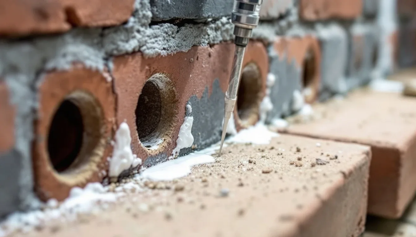 Chemical damp proof course injection showing drill nozzle inserted into brick wall with white chemical cream and drilled holes