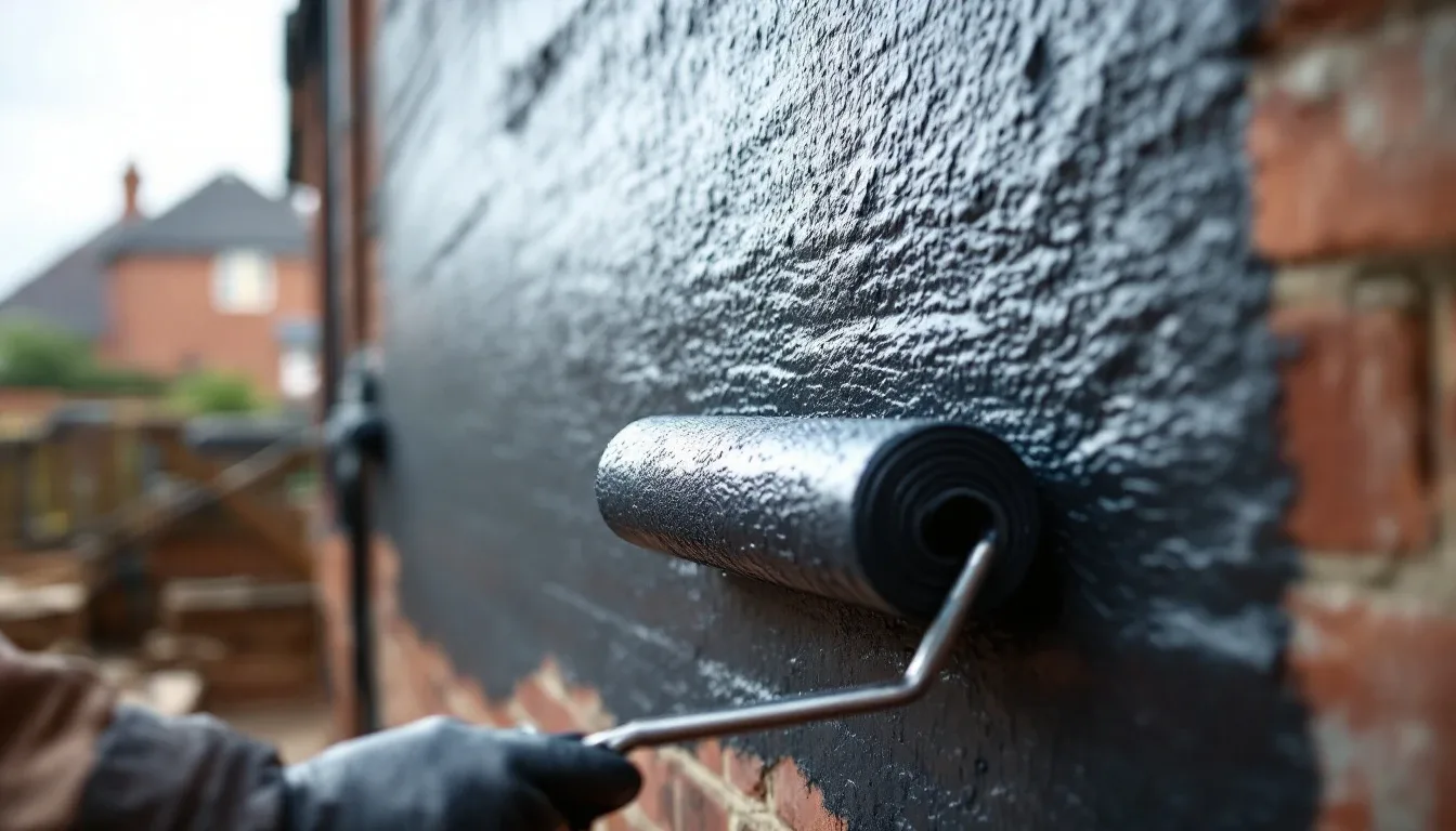 Roller applying black bituminous waterproof coating to an exterior brick wall of a UK house